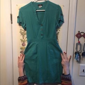 Blue green dress with wood buttons